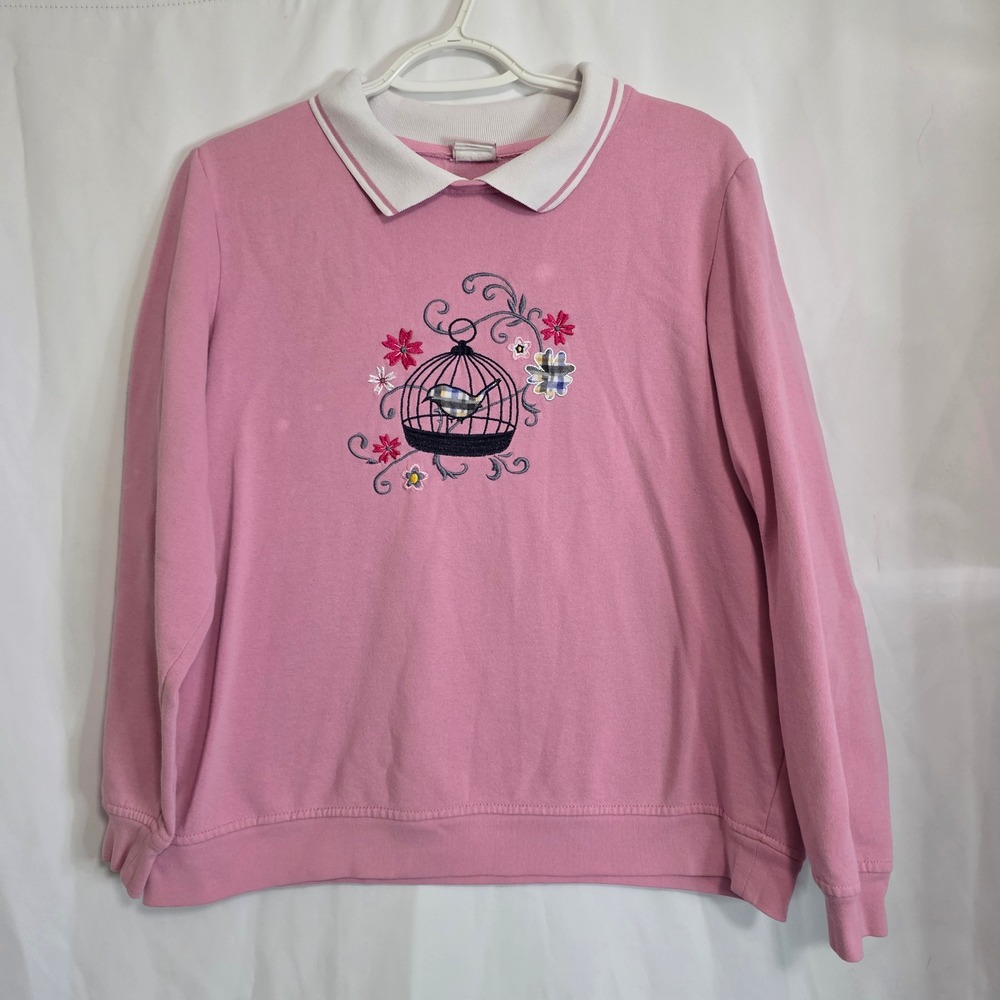 Vintage Adrian Delafield Sweatshirt Womens Pink Embroidered Birdcage Floral Top